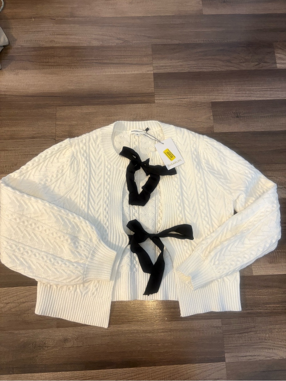 Women’s Cream Cable Knit Cardigan with Black Ribbon Ties